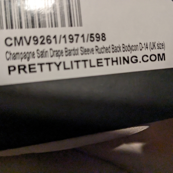 New Champagne Satin Drape Bardot Sleeve Ruched Back Bodycon Dress Size 10 - Picture 5 of 8